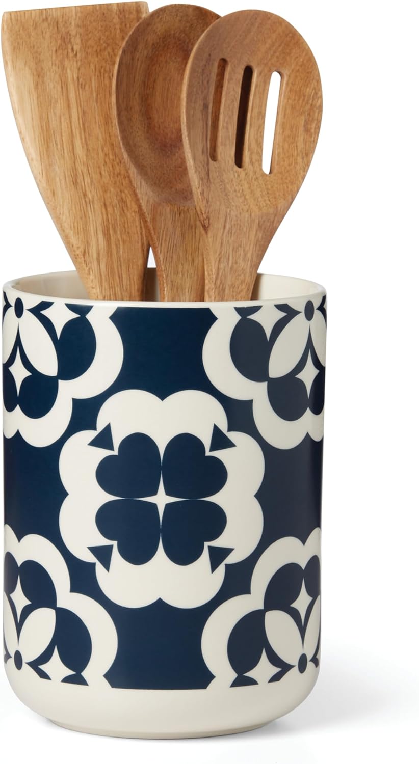 Kate Spade New York Elegant Geo Crock with Wood Utensils, one size, Blue