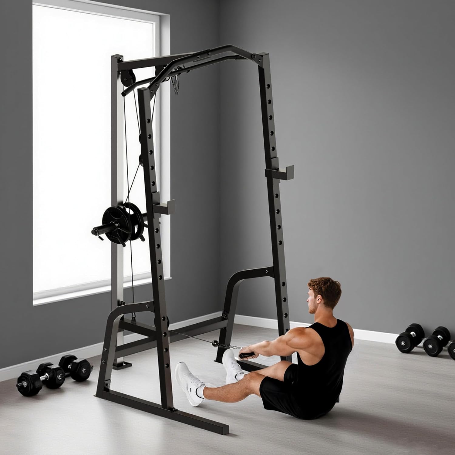Soozier Soozier Power Cage – Multi-Functional Rack with Cable Pulley & 15-Level Squat Stand - Image 9