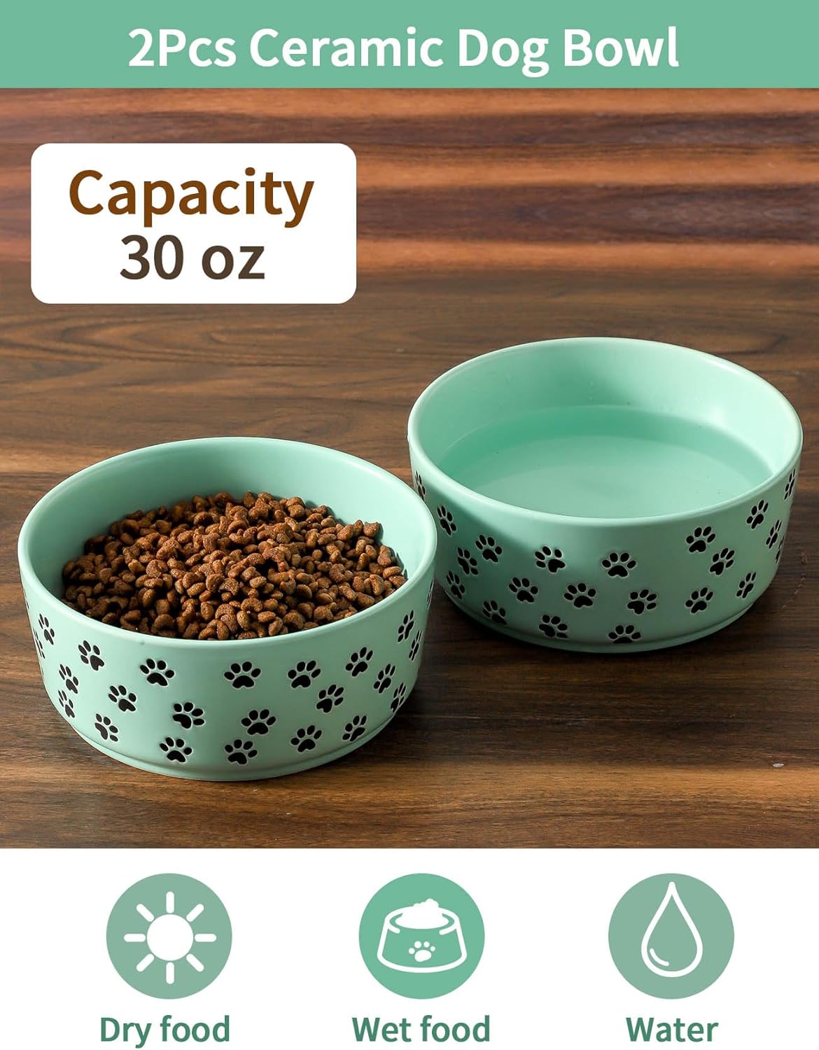 UBEE 6.5 inch Dog Bowls Set of 2, Ceramic Dog Food Water Bowl Dish with Paw Pattern, Pet Food Water Dishes Feeding for Small and Meidum Dogs and Large Cat, Green
