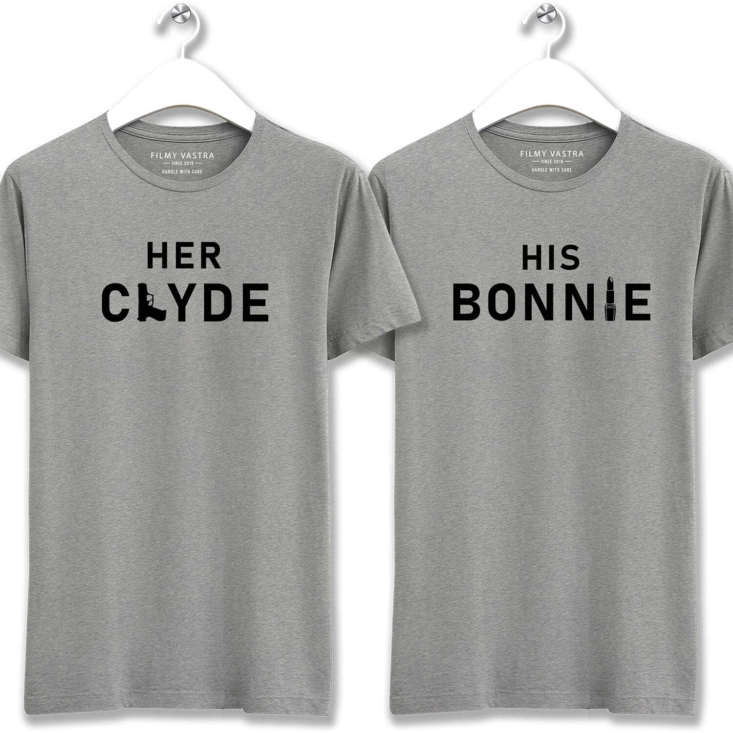 Bonnie and Clyde Grey 100% Couple T Shirt-M,XL (Pack of 2)