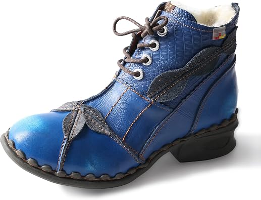TMA EYES Textured Leather Patchwork Washed Leather Lace-Up Womens Ankle boots