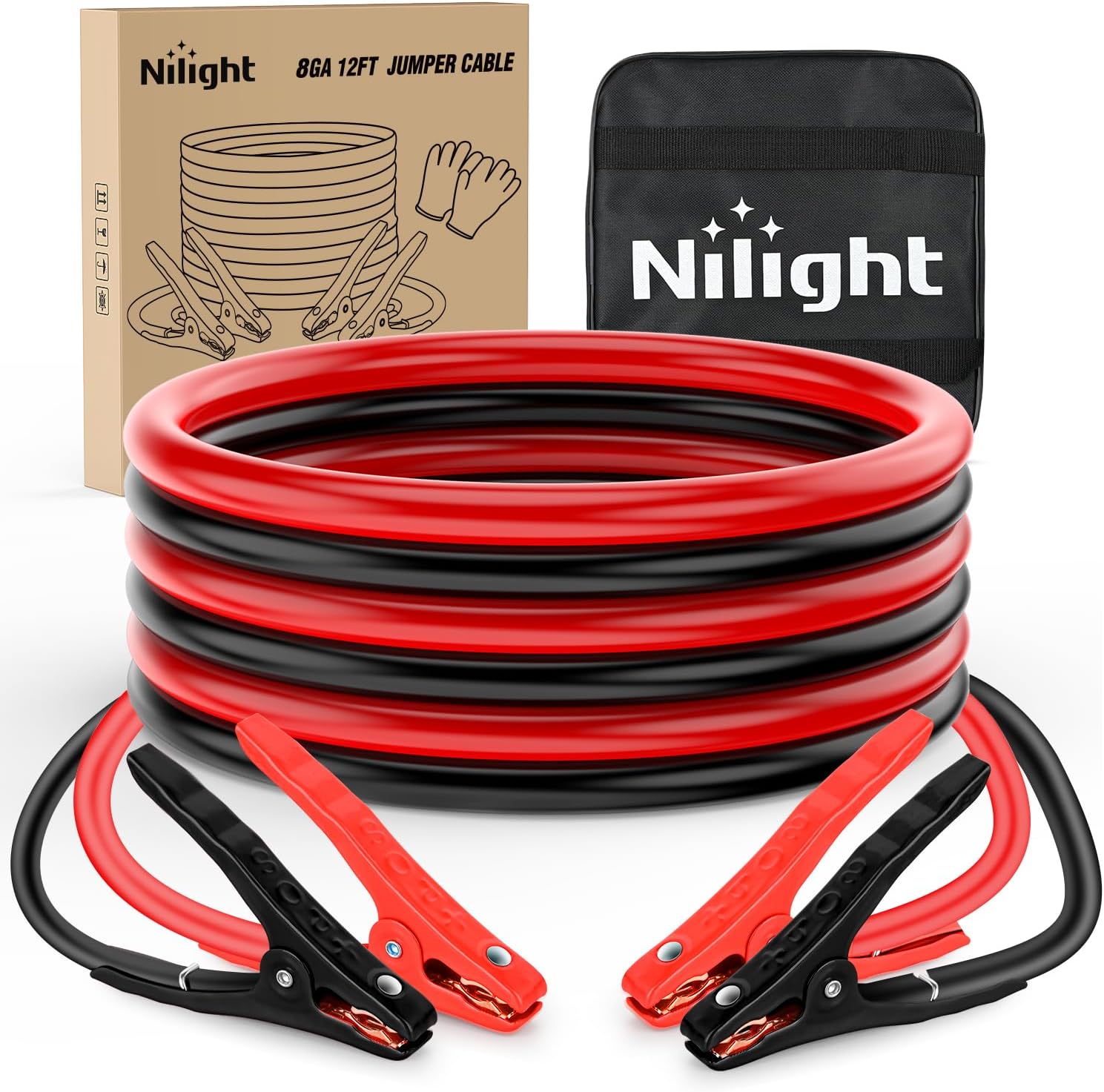 Nilight Car Battery Jump Leads 8 Gauge 3.5M 250A CCA Booster Cable with Carry Bag Emergency Kit for Vans SUV Sedan Motorcycles