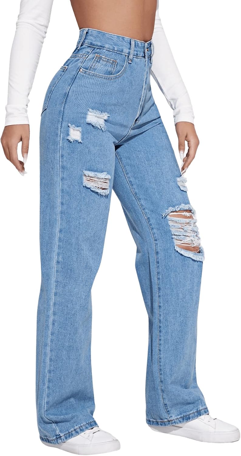 SweatyRocks Women’s High Waisted Ripped Boyfriend Jeans Distressed Denim Pants with Pockets Light Wash