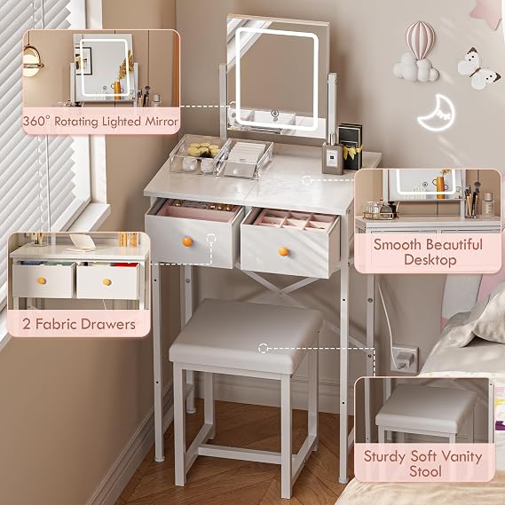 19.7W Small White Makeup Vanity Desk with Mirror and Light, Chair