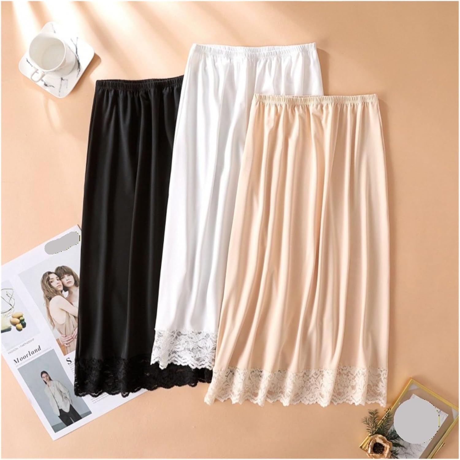 Women Lace Long Petticoat Mesh Flower Inside Take Safety Underskirt Slips Pure Color Prevention Security