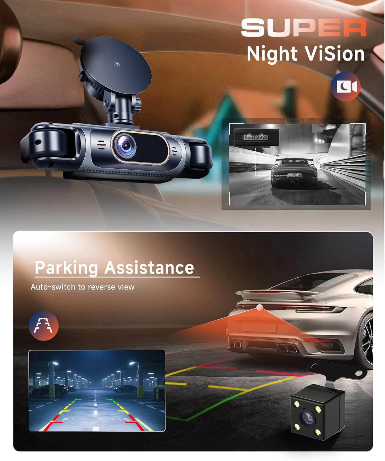 Dash Cam 360° View Front/Rear/Inside/Side 4-Channel Dash Camera for car with 3.16'' IPS Screen 1080P Dash Cam Front 64GB SD Card Included, IR Night Vision, Loop Recording, Easy Installation