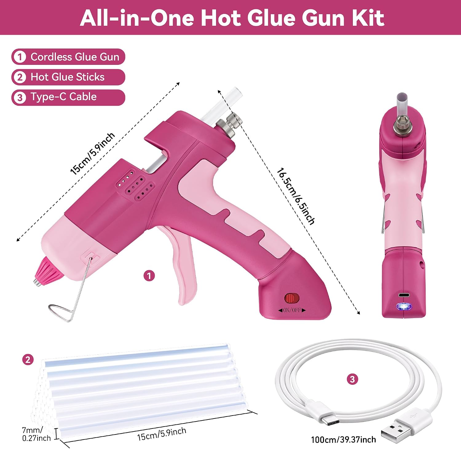 20W Cordless Hot Glue Gun with 30 Sticks Set,Rechargeable Pink Mini Glue Gun for School Craft DIY Arts,Quick Home Repairs & Decoration(7mm Stick)