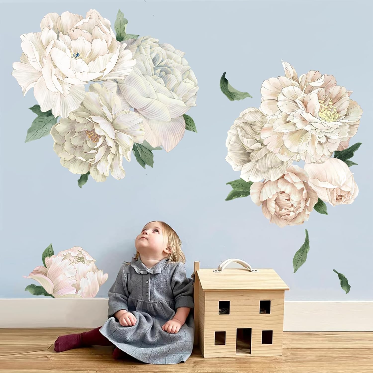 Romantic White Peony Wall Decals, Large Flower Vinyl Wall Art for Nursery & Wedding Decor, Botanical Stickers for Bedroom, Blush Floral Decal
