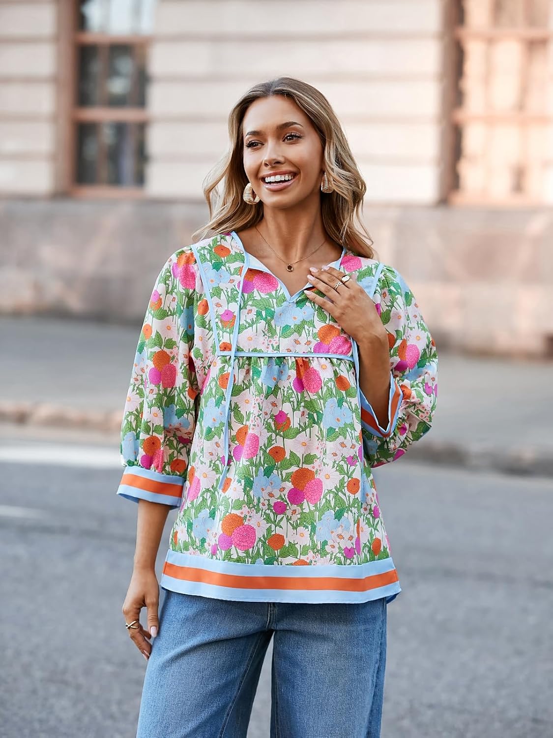 Cicy Bell Womens Floral Print Babydoll Blouse V Neck 3/4 Sleeve Peplum Tops Casual Loose Fit Boho Flowy Shirts - Image 2
