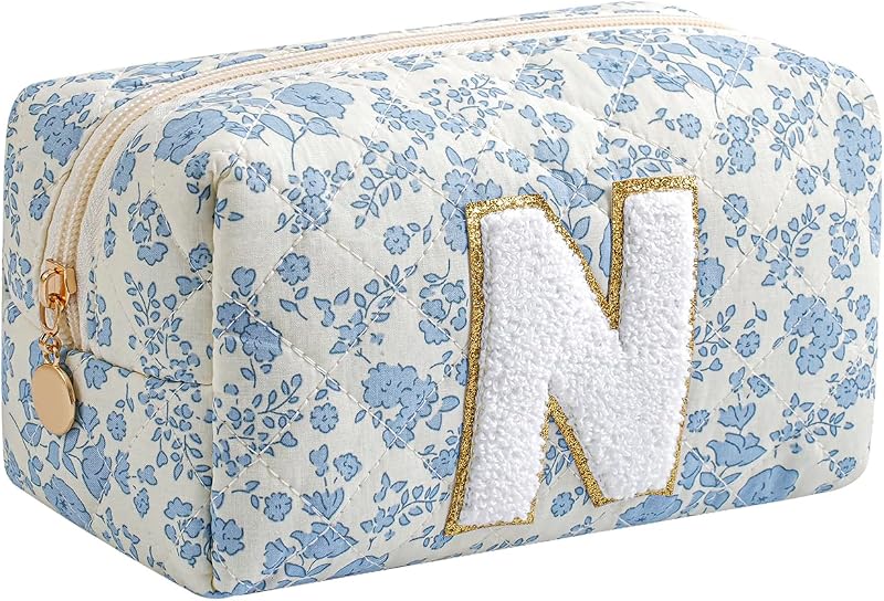Necessaire Gleyemor com Inicial Personalizada, Floral Azul, Algodão, Fechamento com Zíper