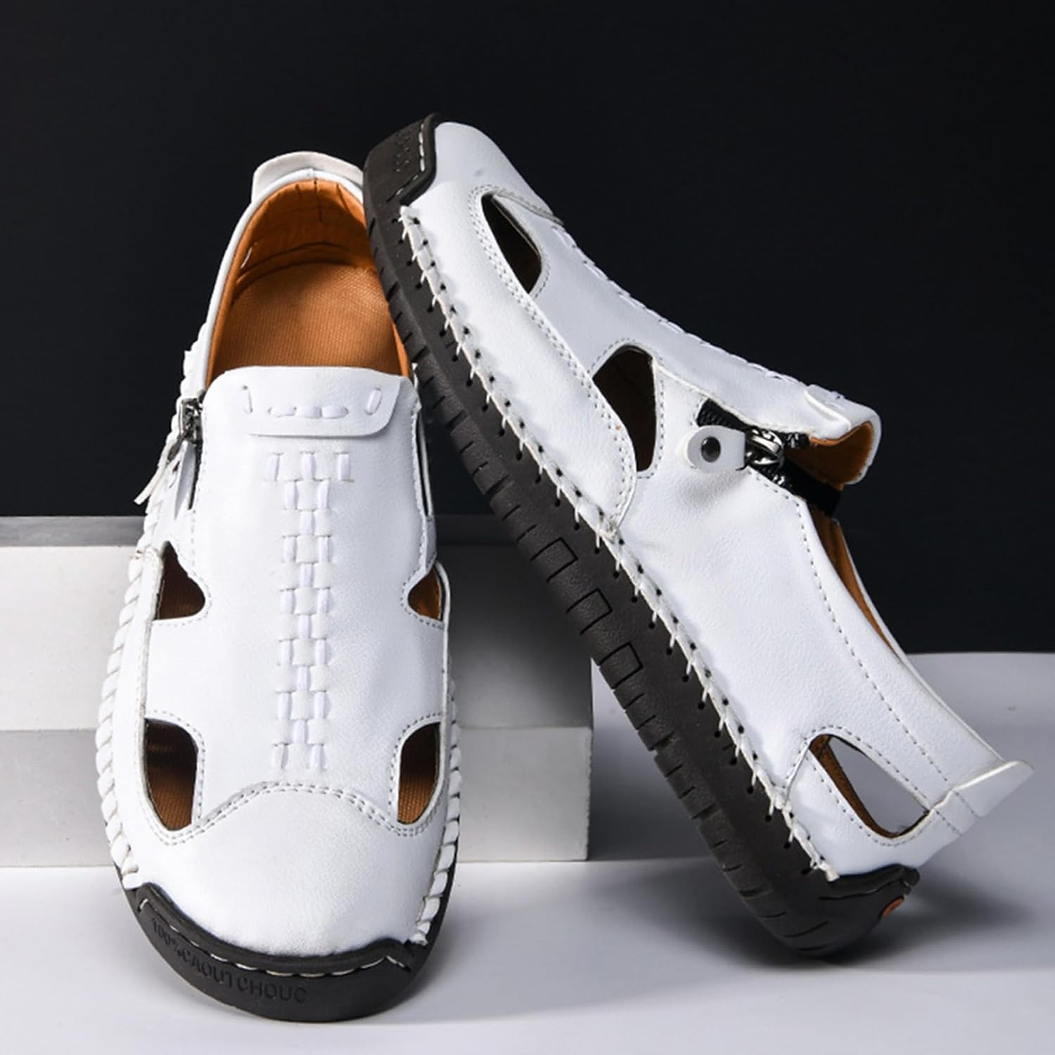 Men's Closed-Toe Leather Fisherman Sandals Slip-On | Breathable Comfortable Casual Moccasin Loafers for Summer Outdoor Driving & Walking | Side Zipper Hand-Sewn