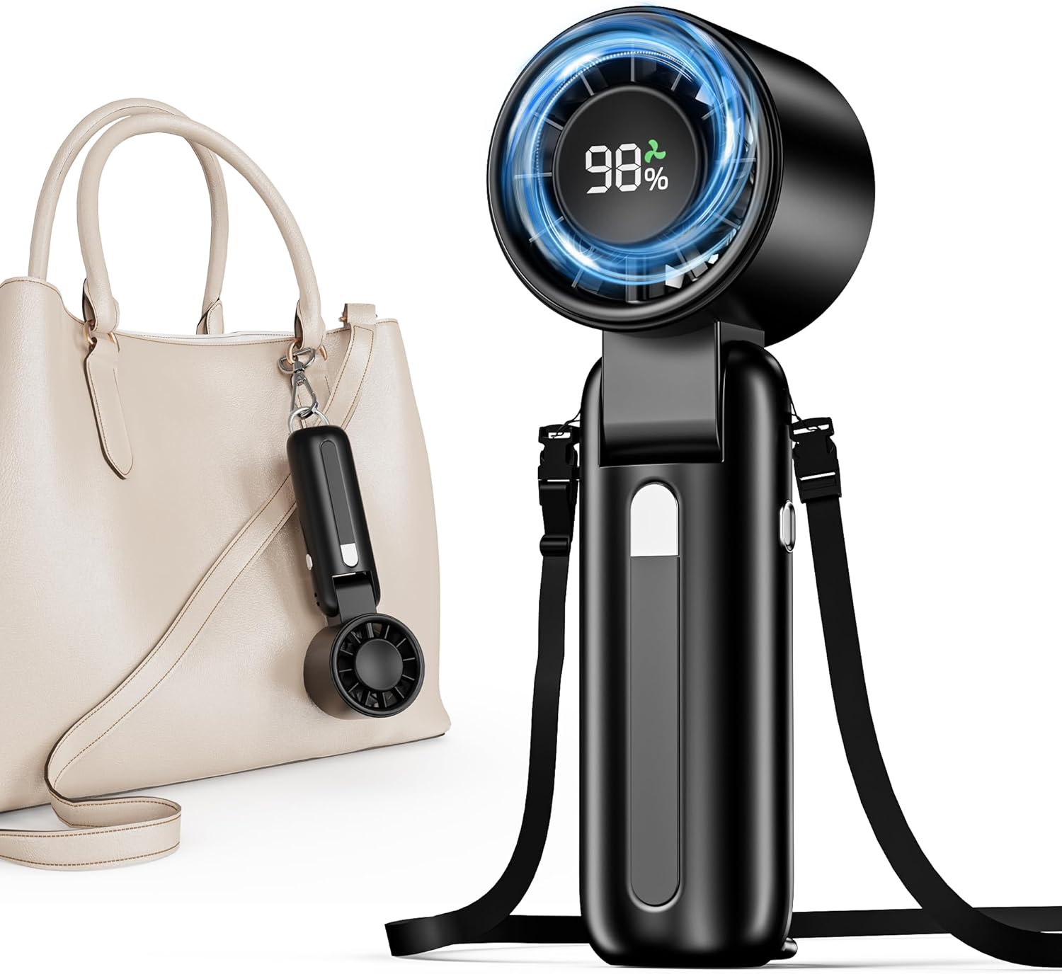 AI Handheld Fan Turbo, 100-Speed Portable Fan Rechargeable, Mini Fan with 12800 RPM Strong Airflow, Foldable 4-in-1 Personal Fan for Travel, Camping, Beach & Office, USB-C & Lightweight & Quiet