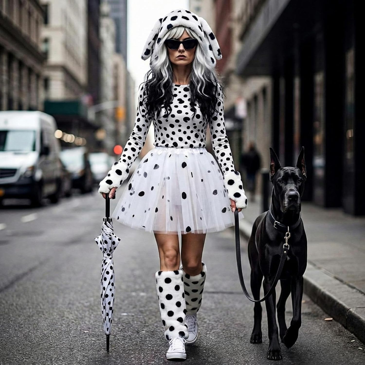 Shihanee 4 Pcs Dalmatian Costume Accessories Dalmatian Fuzzy Leg Tutu Skirt Covers Hat Gloves 100 Days Dog Outfit for Cosplay - Image 4