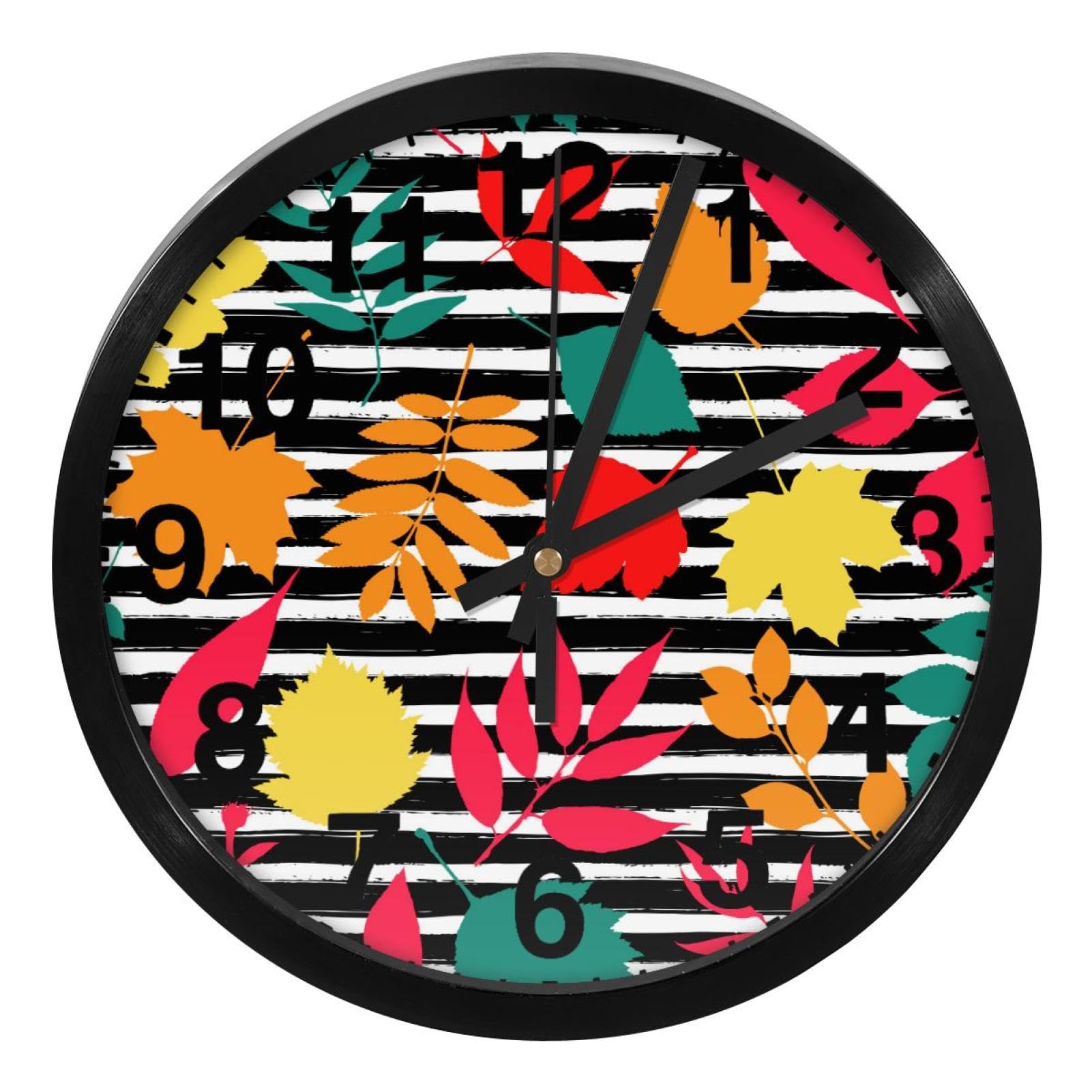 Burid Fall Autumn Leaf Stripe Modern Wall Clock 10 Inch Non-Ticking Silent Battery Operated Decor Clock for Home/Office/School/Kitchen/Bedroom/Living Room