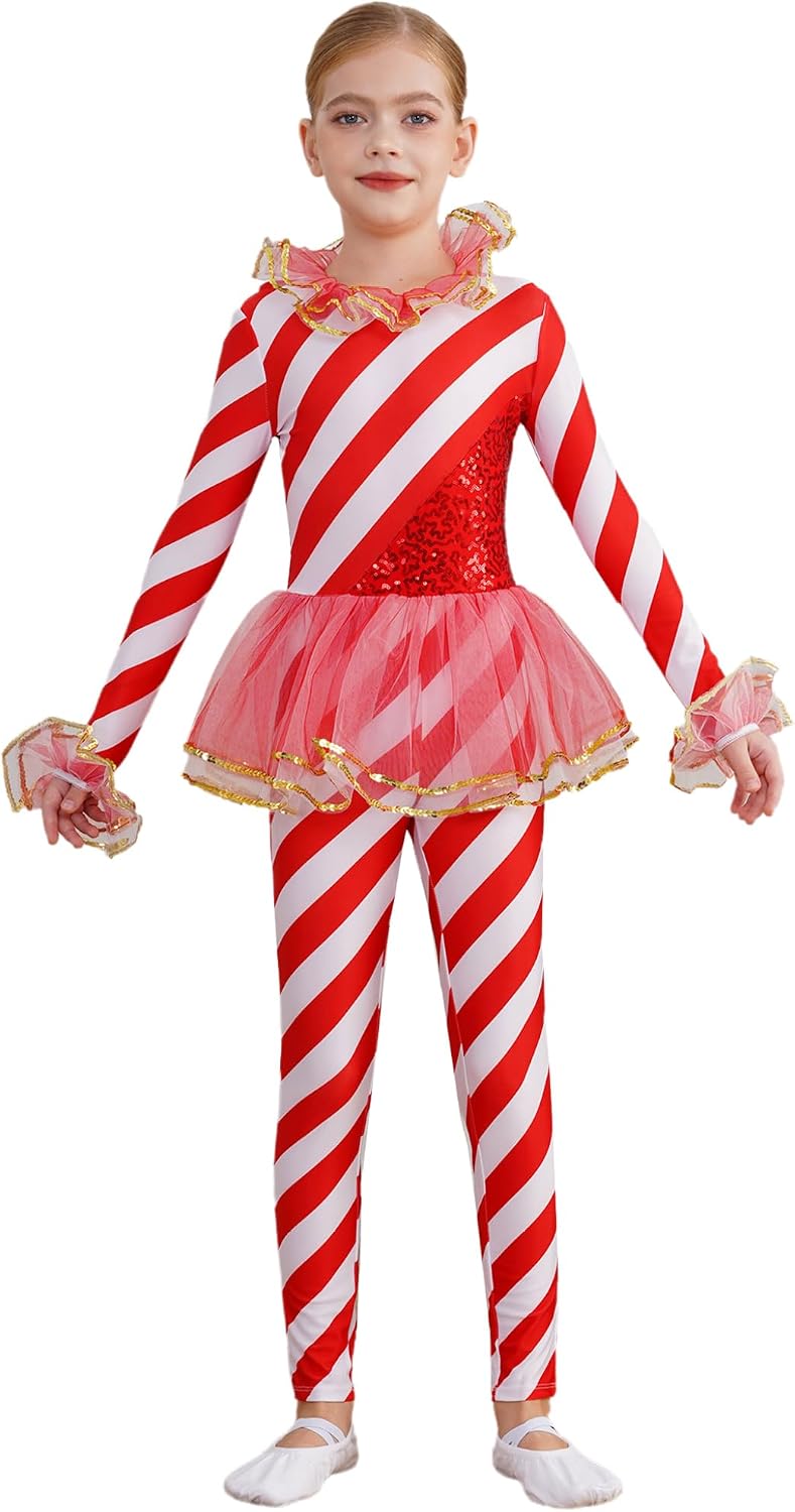Kids Girls Christmas Candy Cane Striped Sequins Jumpsuit Dance Unitard Stage Performance Outfit
