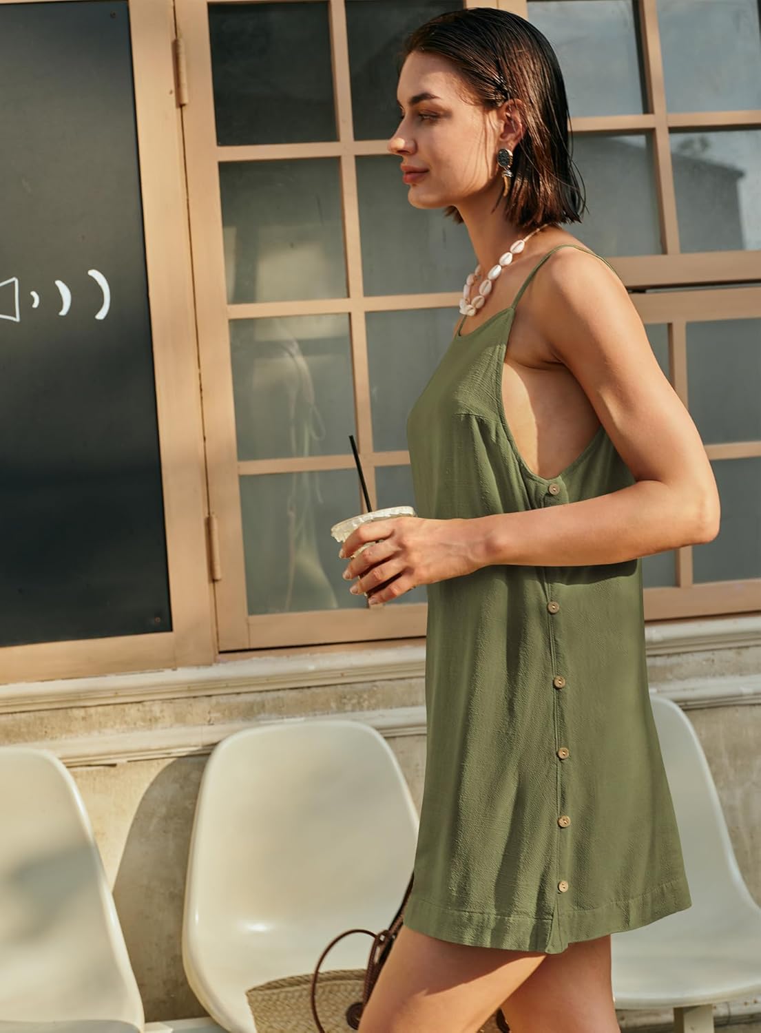 Yanekop Womens Linen Mini Dress Spaghetti Strap Short Beach Summer Dresses Sleeveless Sundress Open Back Dress - Image 5