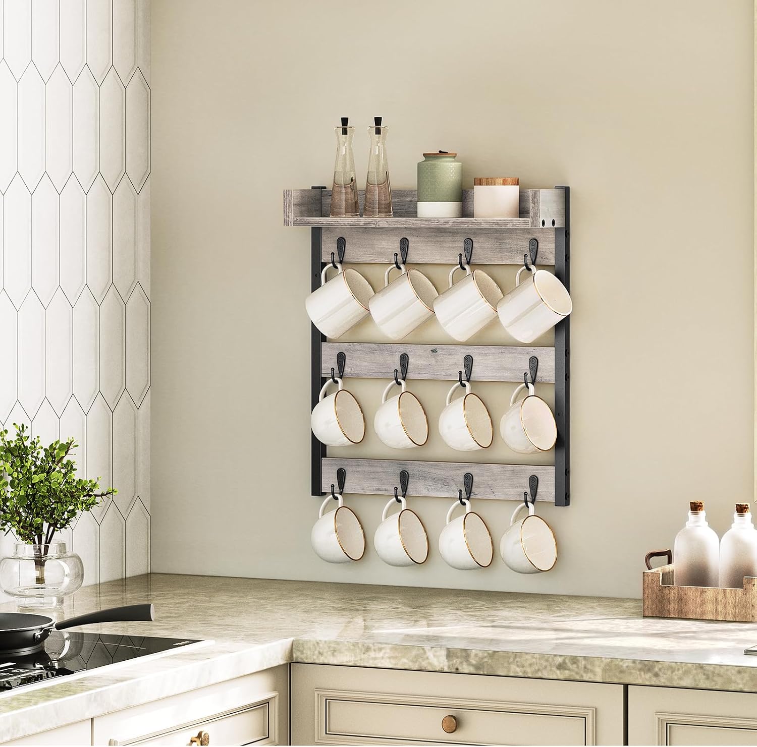 YATINEY Coffee Mug Holder Stand, 3 Tier Mug Tree Rack, Hanging 12 Cups, with Top Shelf, for Kitchen, Dining Room, Living Room, Cafe, Greige and Black MH42BG
