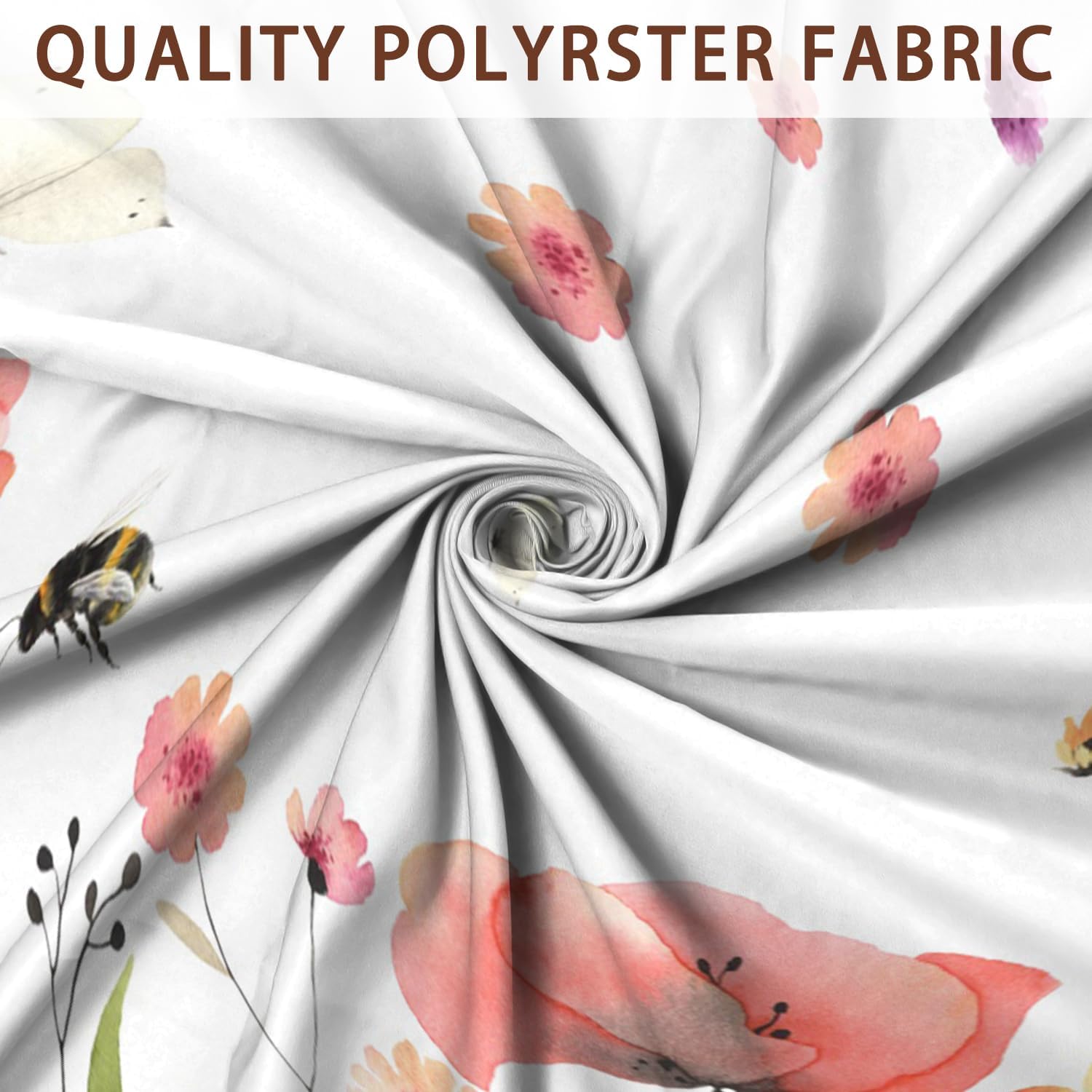 Wildflower Shower Curtain, 71x74 Inch, Poppy, Sunflower, and Bee Design, Waterproof Fabric Bath Curtain with Hooks, Wildflower Botanical Bathroom Decor