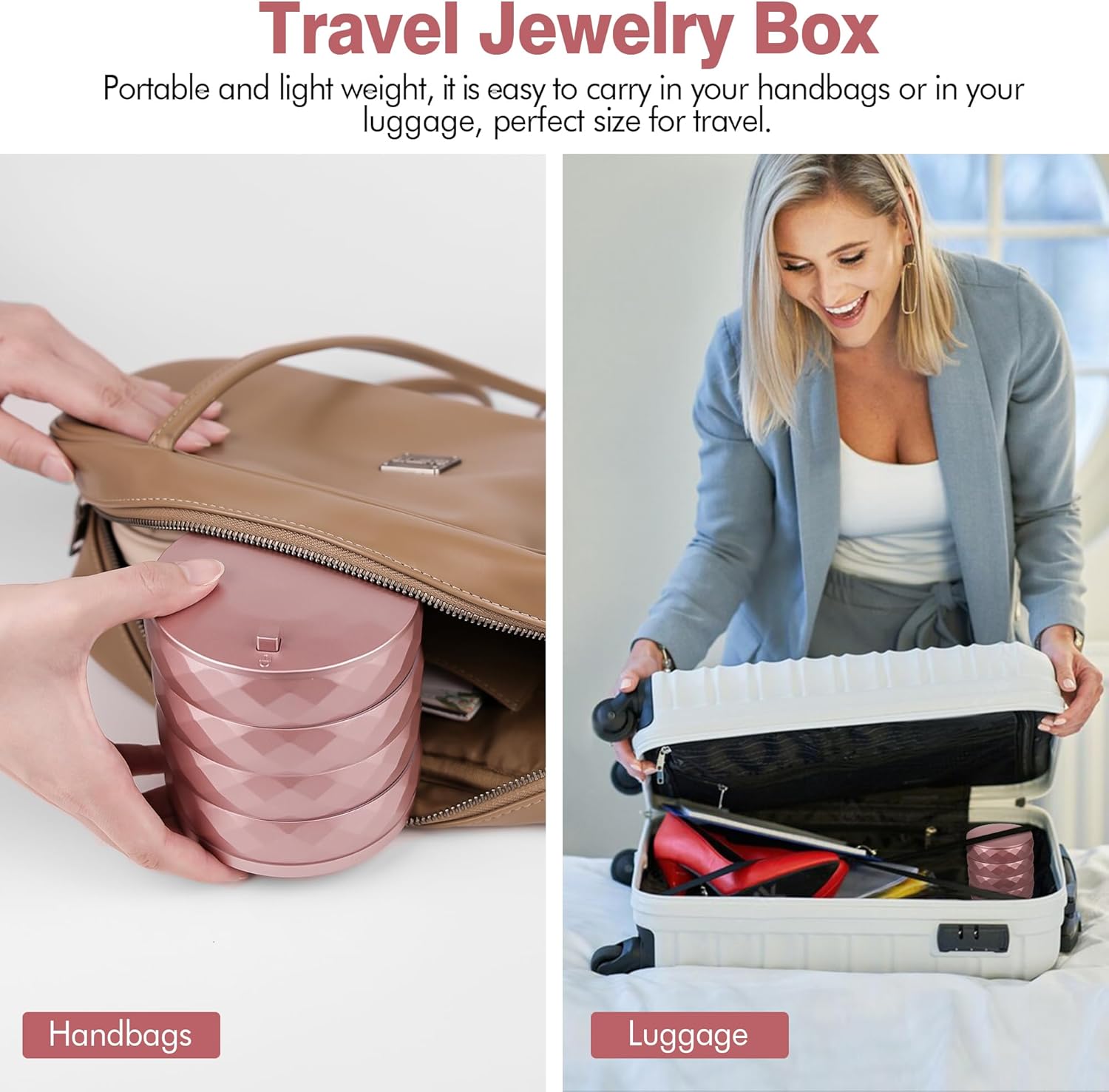 CONBOLA Travel Jewelry Case Box, Small Jewelry Organizer Earring Holder for Women, 5-Layer Rotating Jewelry Storage Tray with Lid for Bracelets Rings Bracelets - Image 6