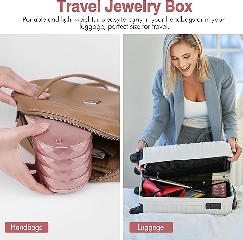 Miniatura 6 de CONBOLA Caja de joyería de viaje, organizador de joyas pequeño para mujeres, bandeja de almacenamiento de joyas giratoria de 5 capas con tapa