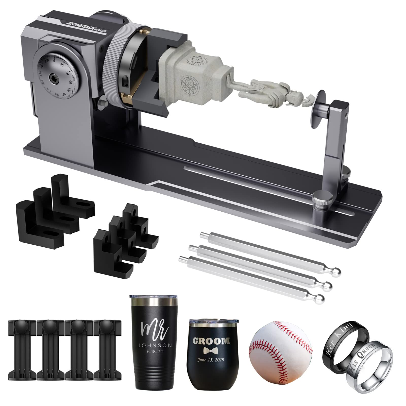 Atomstack Maker R1 Laser Rotary Roller, 3-In-1 Rotation With Risers For Engraver, 180° Angle Adjustment Jaw Engraving Cylindrical Object Boxes, Wine Glass, Tumbler, Ring Large