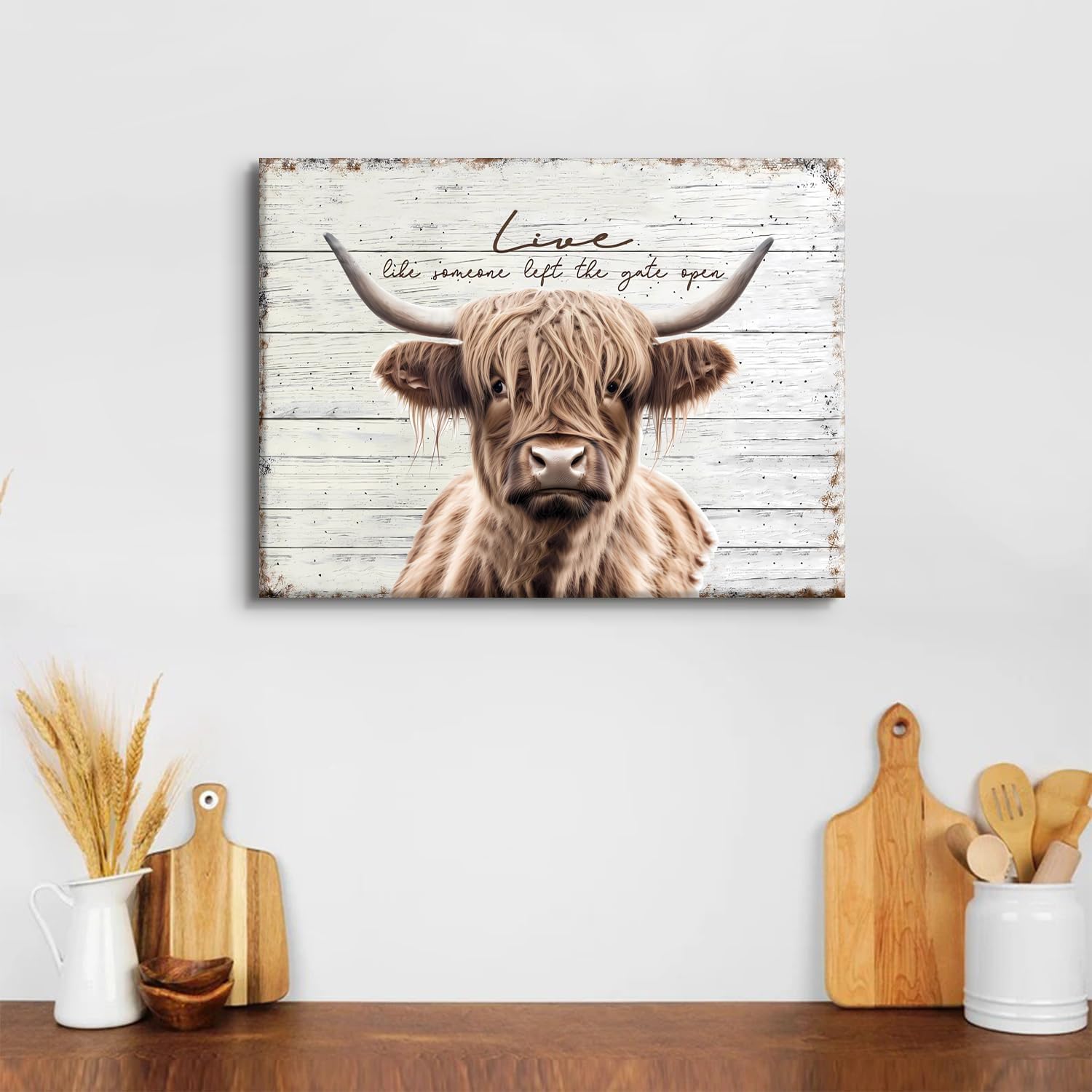 Framed Highland Cow Canvas Wall Art,Highland Cow Wall Art Canvas Printings,Black and White Animal Canvas Picture Art Wall Decor,Rural Farmhouse Living Room and Bedroom Decoration(12 x 16 Inch)