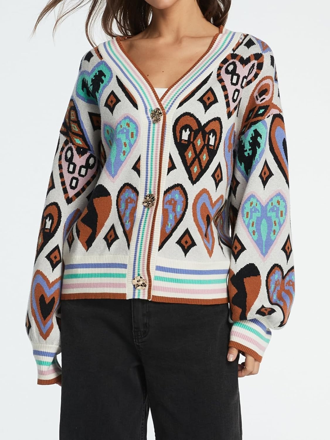 Women's Cute Sweater Cardigan Heart Print Cropped Button Open Front Cardigans V Neck Knitted Y2K Outerwear - Image 2