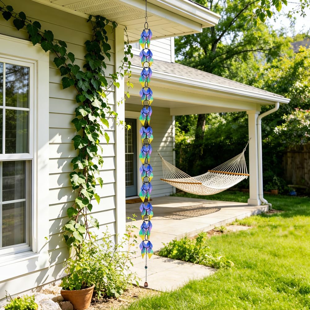 dreamysoul Rain Chains for Outside, 7.87FT Adjustable Glass Rain Chain, Colorful Leaf Rain Catcher Chains for Gutters Downspout, Eaves, Drainage