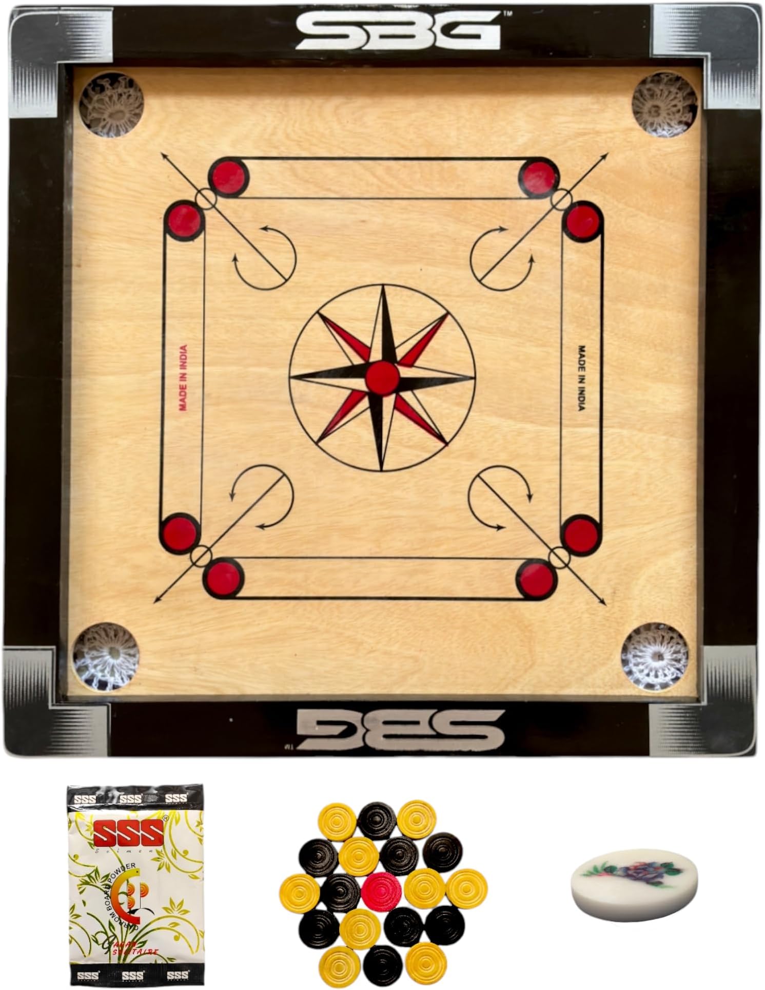 SBG Carrom Board for Kids 20 inches Smooth and Gloss Finish with Carrom Coins, Carrom Striker and Magic Boric Powder, Carrom Board for Kids Set