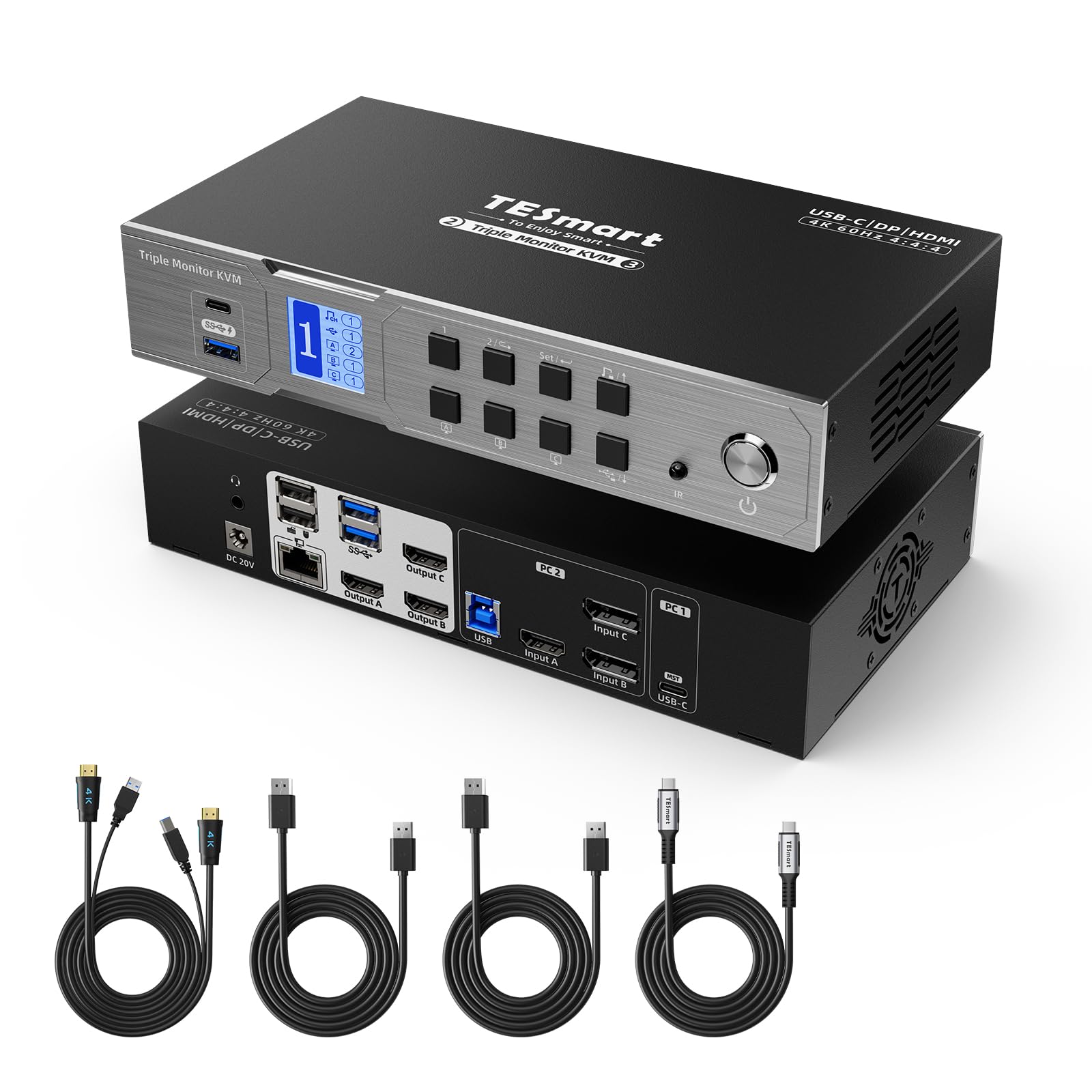 TESmart USB-C HDMI+DisplayPort KVM Switch, KVM for 3 Monitors 2 Computers with MST, EDID, 4K@60Hz USB 3.0 KVM Docking Station, Charging for Laptop, 1G Ethernet, Hotkey, for Laptop/Desktop(HDC203-P24)