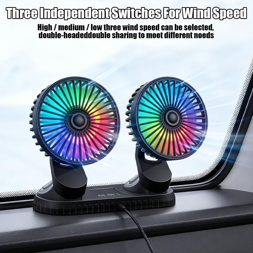 Ventilateur De Voiture 5V, Ventilateur Double Têtes USB, Ventilateurs Portables Voitures avec 3 Vitesses Et Effets Lumineux, Rotation à 360° Pour Voiture, Van, SUV, RV, Bateau