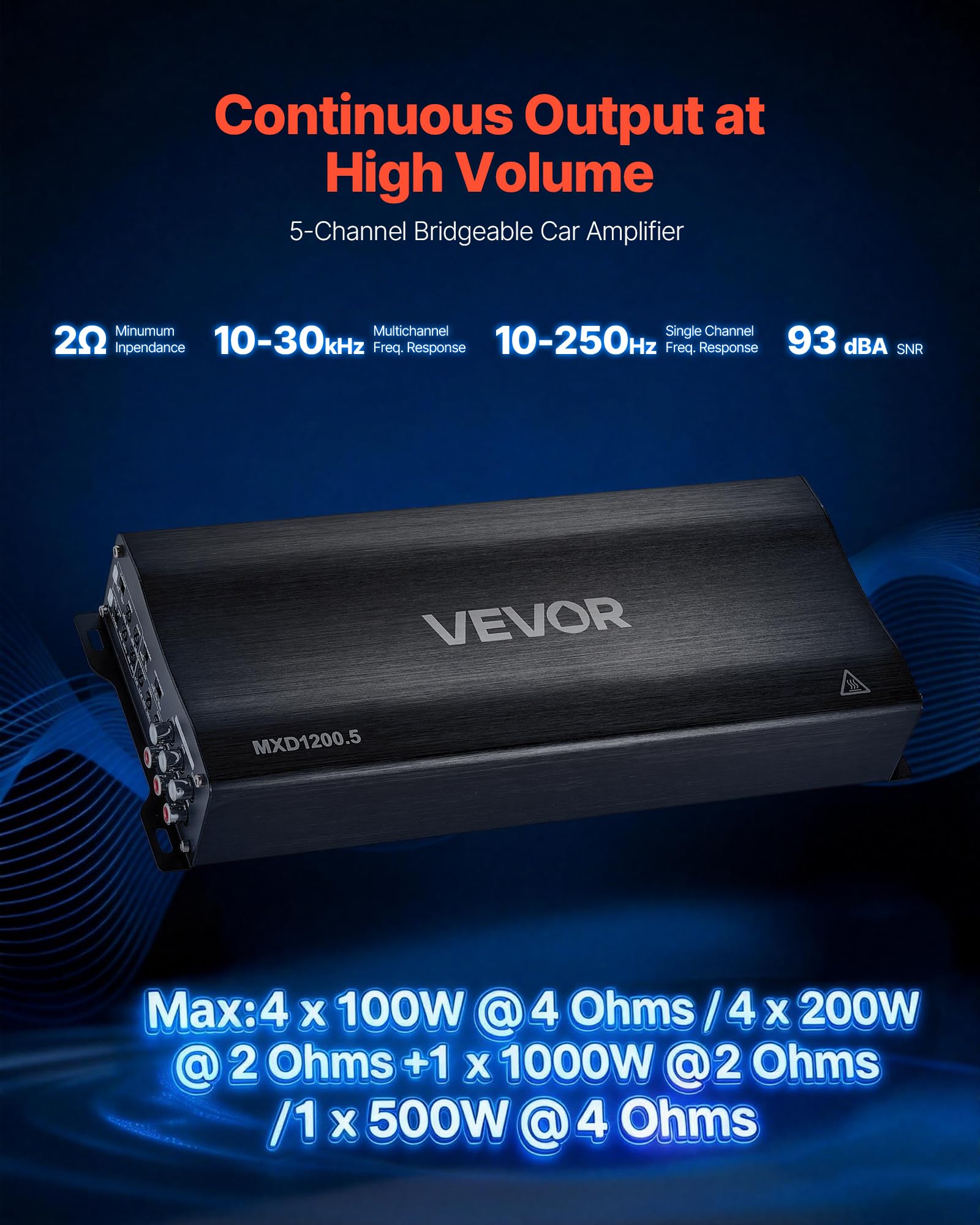 VEVOR Amplificateur Audio Voiture, Ampli de Puissance à 5 Canaux Pontables avec Sortie Subwoofer Dédiée, Classe D, 4x100W + 1x500W RMS sous 2 ohms, Amplificateur Multicanal Stéréo pour SUV, MPV