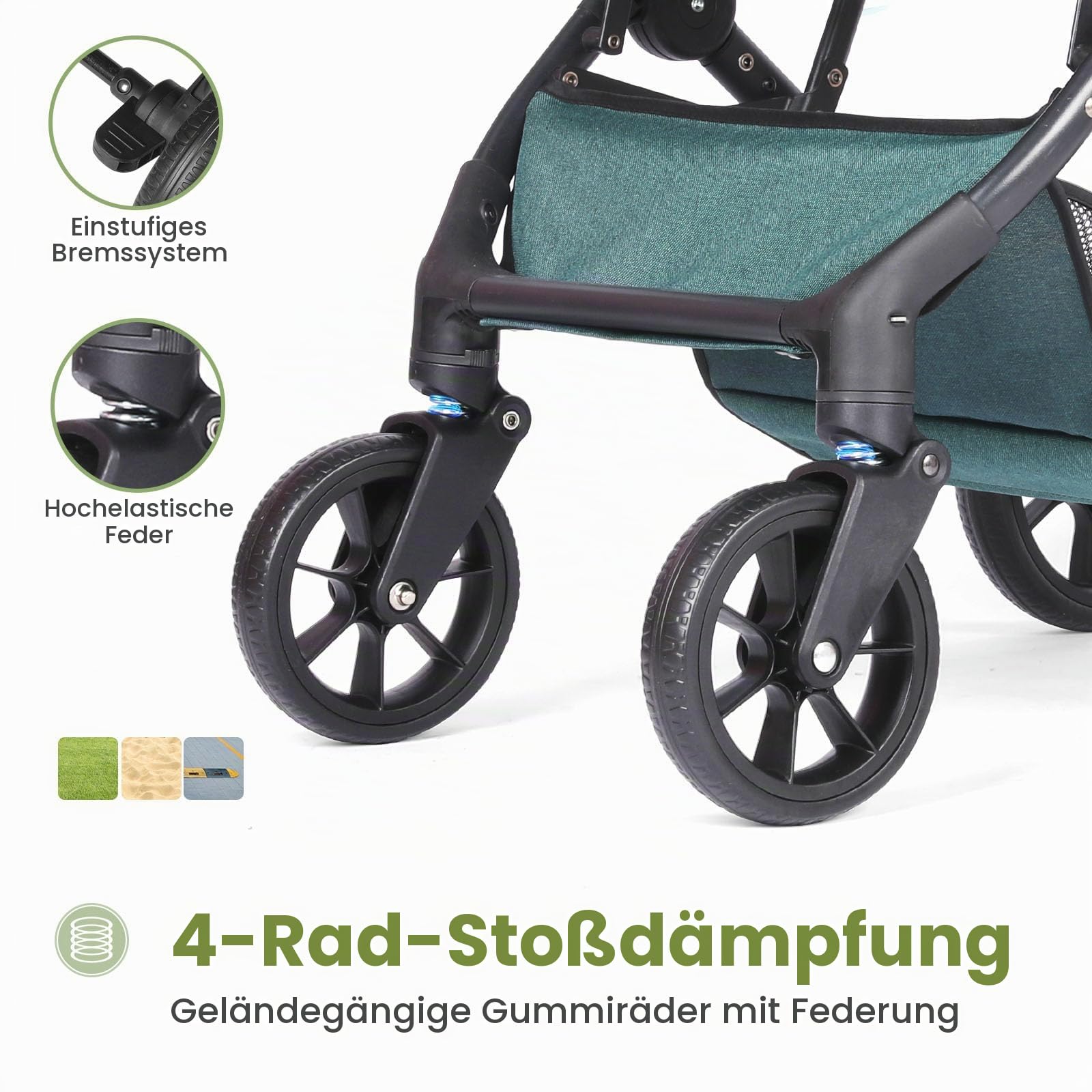 Faltbar Kinder-Buggy Kinderwagen, Regulierbarer 5-Punkt-Sicherheitsgurt, Zusammenklappen mit einer Hand, großes Verdeck, Robuster alle 4 Räder gedämpft, geräumige Sitz, Einkaufskorb (Dunkelgrün)