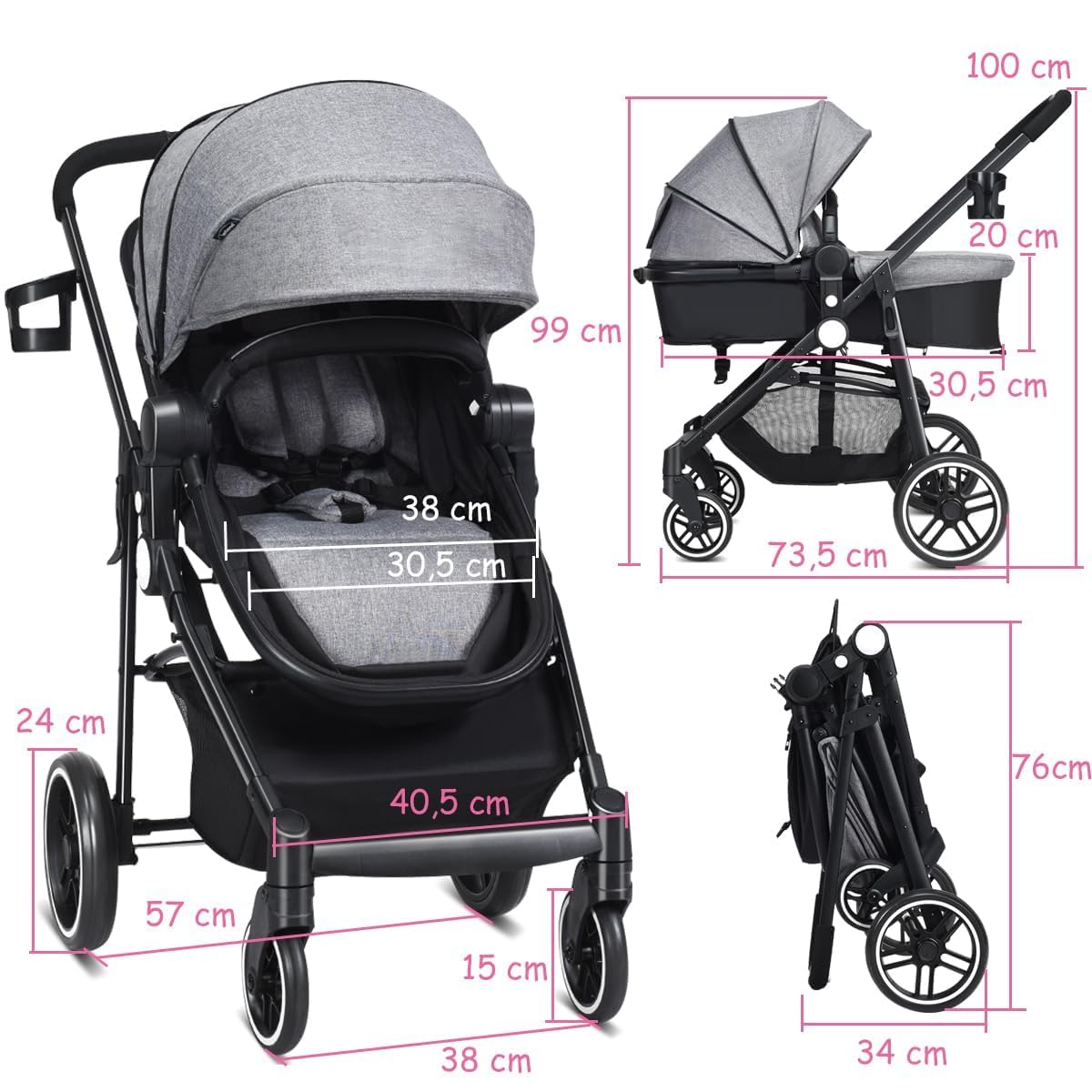 COSTWAY 2 in 1 Kinderwagen mit umkehrbarem Sitz faltbar, Kombikinderwagen mit Liegefunktion, verstellbarer Rückenlehne & Sonnenschutz, Reisebuggy tragbar, Reisesystem für Baby bis 3 Jahren (Grau)