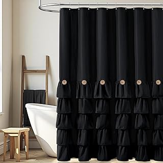 BTTN Black Ruffle Farmhouse Shower Curtain, Elegant Boho Cloth Shower Curtains for Bathroom with Buttons, Modern Rustic Country Vintage Waterproof Cloth Shower Curtains Set with Plastic Hooks, 72x72