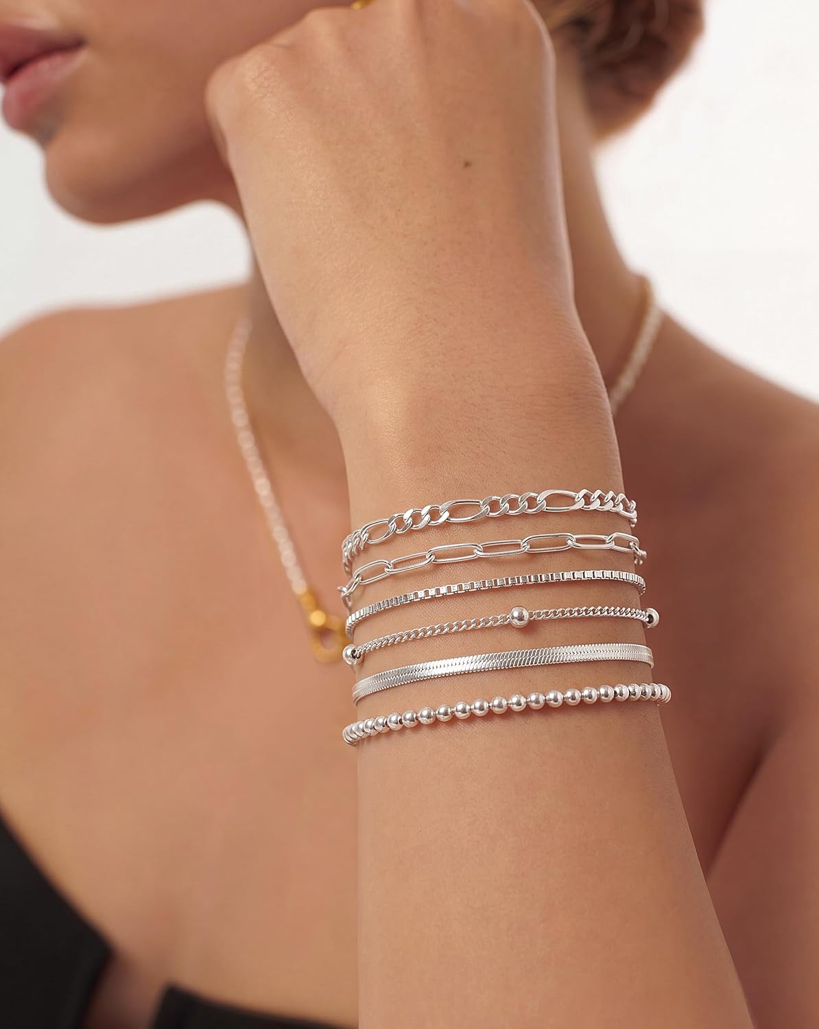 DEARMAY 6PCS Gold&Silver Bracelets Set for Women Dainty, Stackable Sterling Silver Plated Beaded Figaro Herringbone Paperclip Chain Waterproof, Layered Bracelets Set Gifts for Women Mom Her