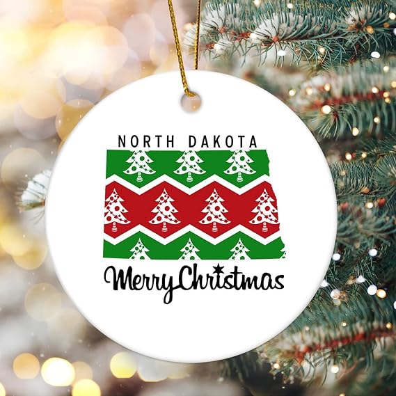 Novelty Christmas Decorations Merry Christmas US North Dakota State Map Christmas Ornaments for Xmas Tree Round Keepsake Porcelain Bauble Stocking Stuffer Souvenir Gift for Parents Kids Children