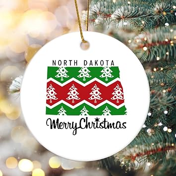 Novelty Christmas Decorations Merry Christmas US North Dakota State Map Christmas Ornaments for Xmas Tree Round Keepsake Porcelain Bauble Stocking Stuffer Souvenir Gift for Parents Kids Children
