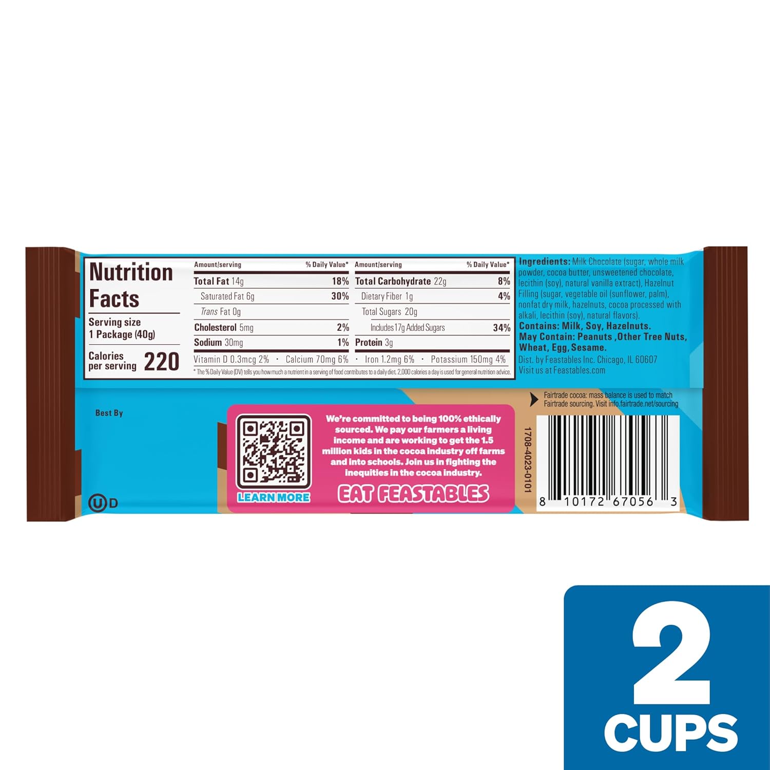 MrBeast Feastables Hazelnut Cups, 24 Count, Milk Chocolate with Creamy Hazelnut Filling, 2-Cup Packs, Fairtrade Cocoa