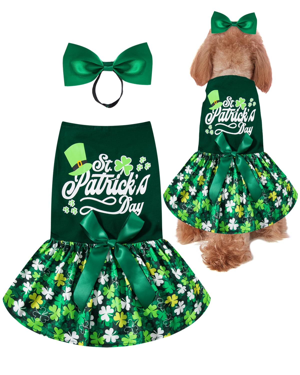 St. Patrick's Day Dog Dress Holiday Dog Clothes for Medium Dogs with Headband (Green, Medium)