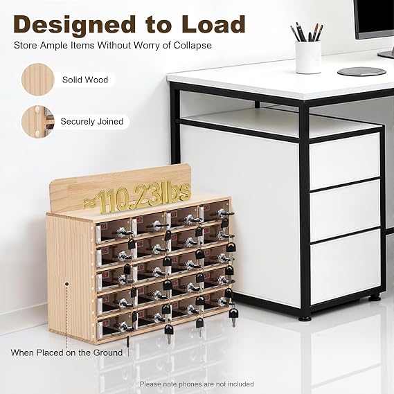 20 Slots Wood Cell Phone Locker, Cell Phone Storage Cabinet with Door Locks and Keys, Wall-Mounted Cell Phone Locker Box Cell Phone Organizer Cabinet for Office, Classroom