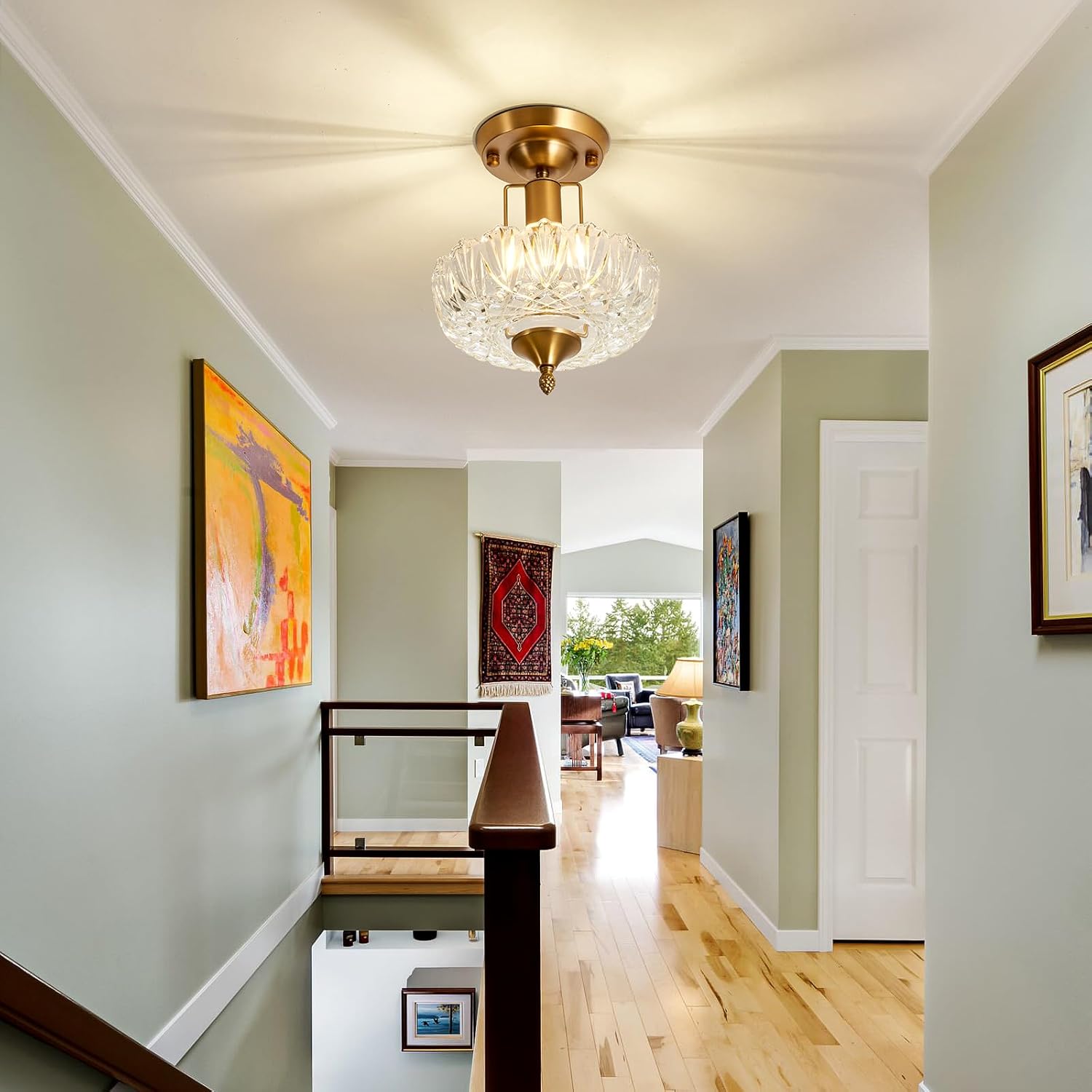 UOFUS Vintage Gold Semi Flush Mount Ceiling Light Fixture with Clear Glass Shade Antique Brass Small Chandelier Flower Close to Ceiling Light for Hallway Entryway Bedroom Porch Foyer Corridor Kitchen