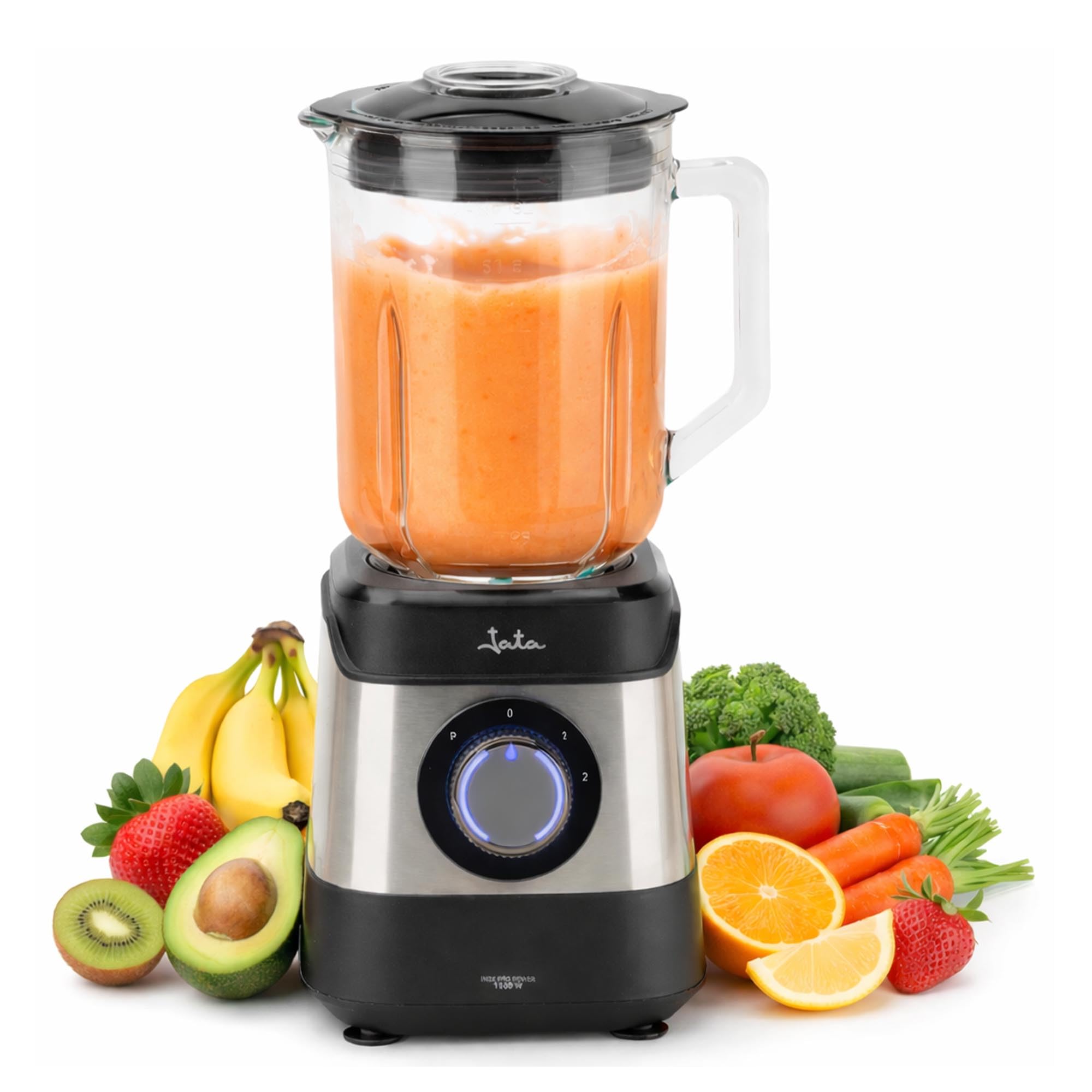 Jata JEBT3855 – 1500 W Glass Blender with 1.8 L Glass Jar, High Performance AC Motor 17000 RPM, Ice Crushing, 2 Speeds + Pulse, Stainless Steel Blades, Safety System