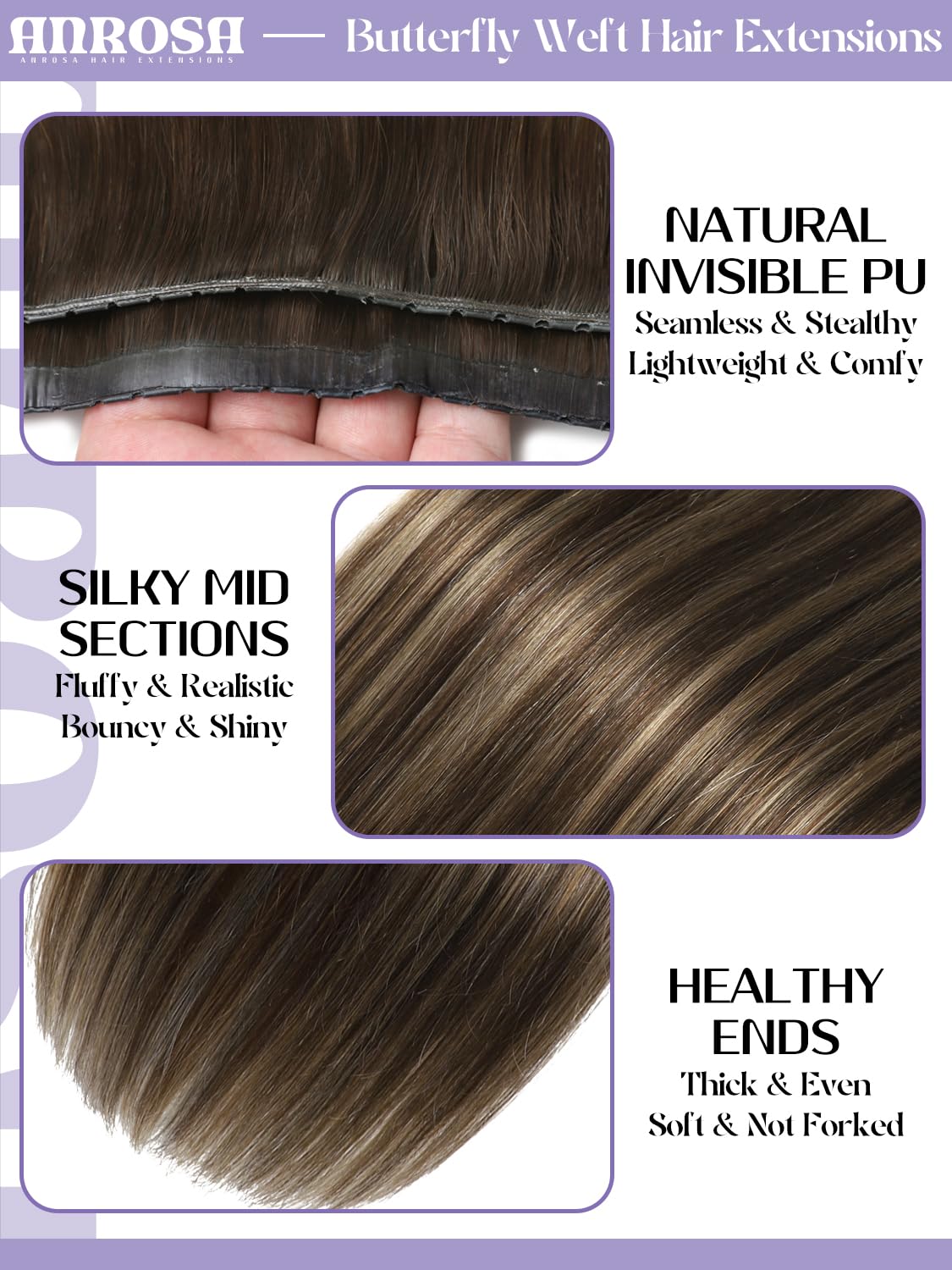 Anrosa Seamless Butterfly Weft Hair Extensions Human Hair 20 Inch OVO Invisible Butterfly Wefts Human Hair Extensions Chestnut Brown Mixed Dark Brown Highlights 50G