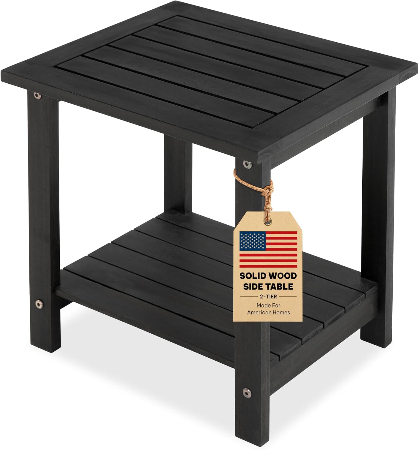 Acacia Wood Adirondack Side Table, 2-Tier Outdoor End Table – Black