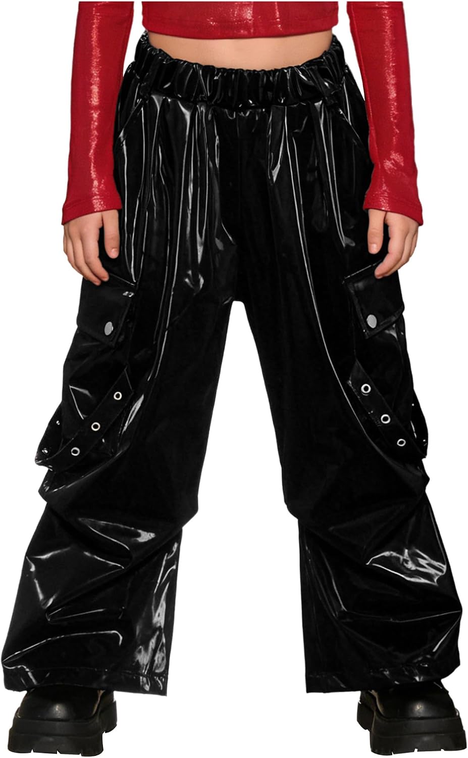 Jugaoge Kids Girls Metallic Cargo Pants​​ ​​High Waist Hip Hop Street Dance Pants Shiny Baggy Jogger Pants