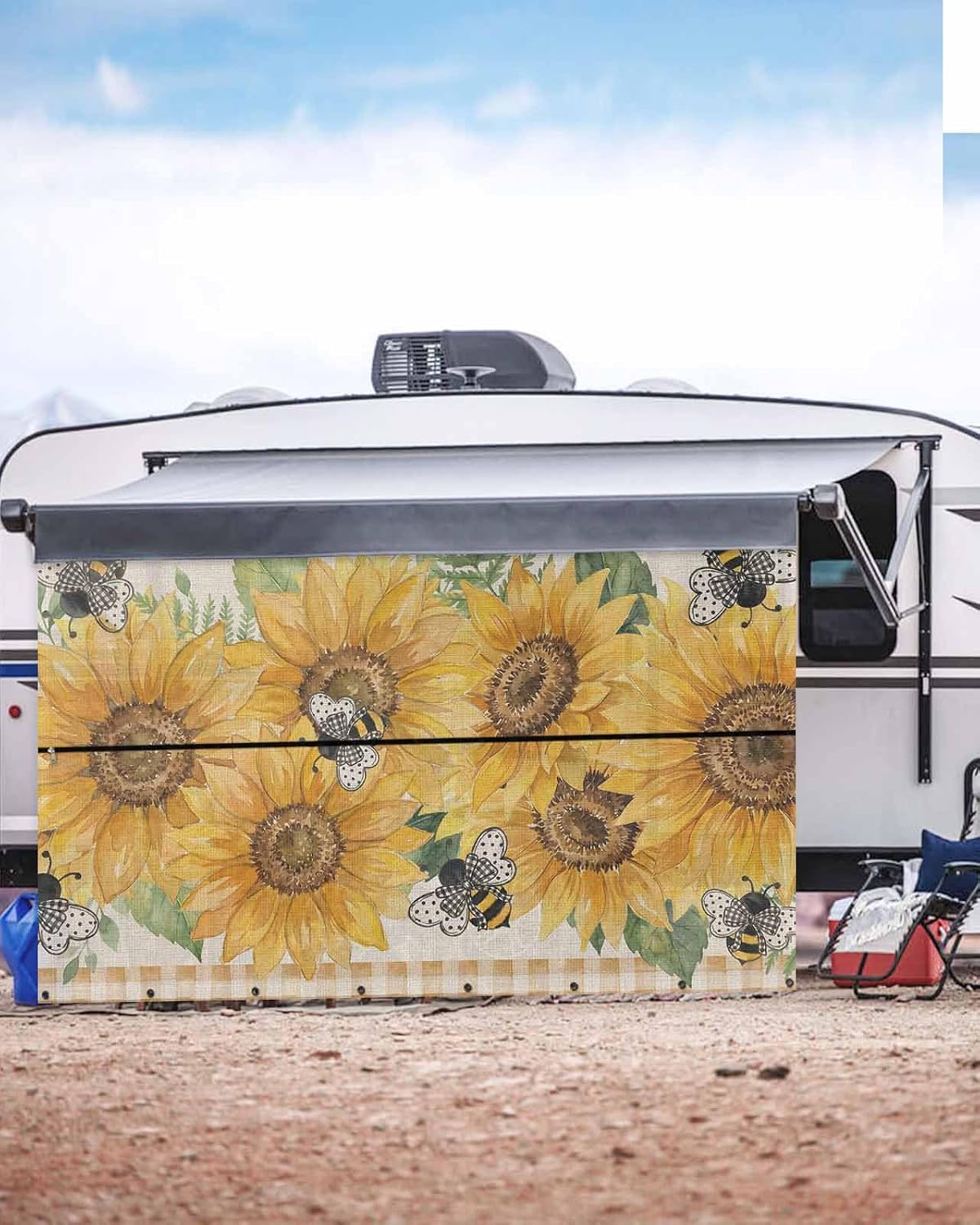 Summer Floral RV Awning Sun Shade Screen with Zipper 9'x13.5' Watercolor Sunflower Cartoon Farm Bee Linen Texture Mesh Sunshade UV Blocker Awning Shade Complete Kits for Motorhome Camper Travel Canopy