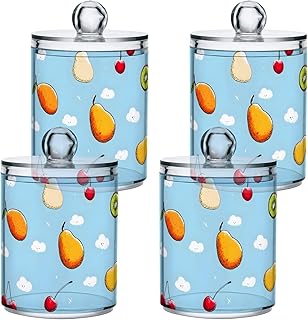 Bathroom Canister Set of 4 Fruit Cherry Pear Mango Qtip Holder Dispenser Clear Plastic Apothecary Jars with Lids Bathroom Organizer Storage Containers for Cotton Swab,Ball,Pads,Floss