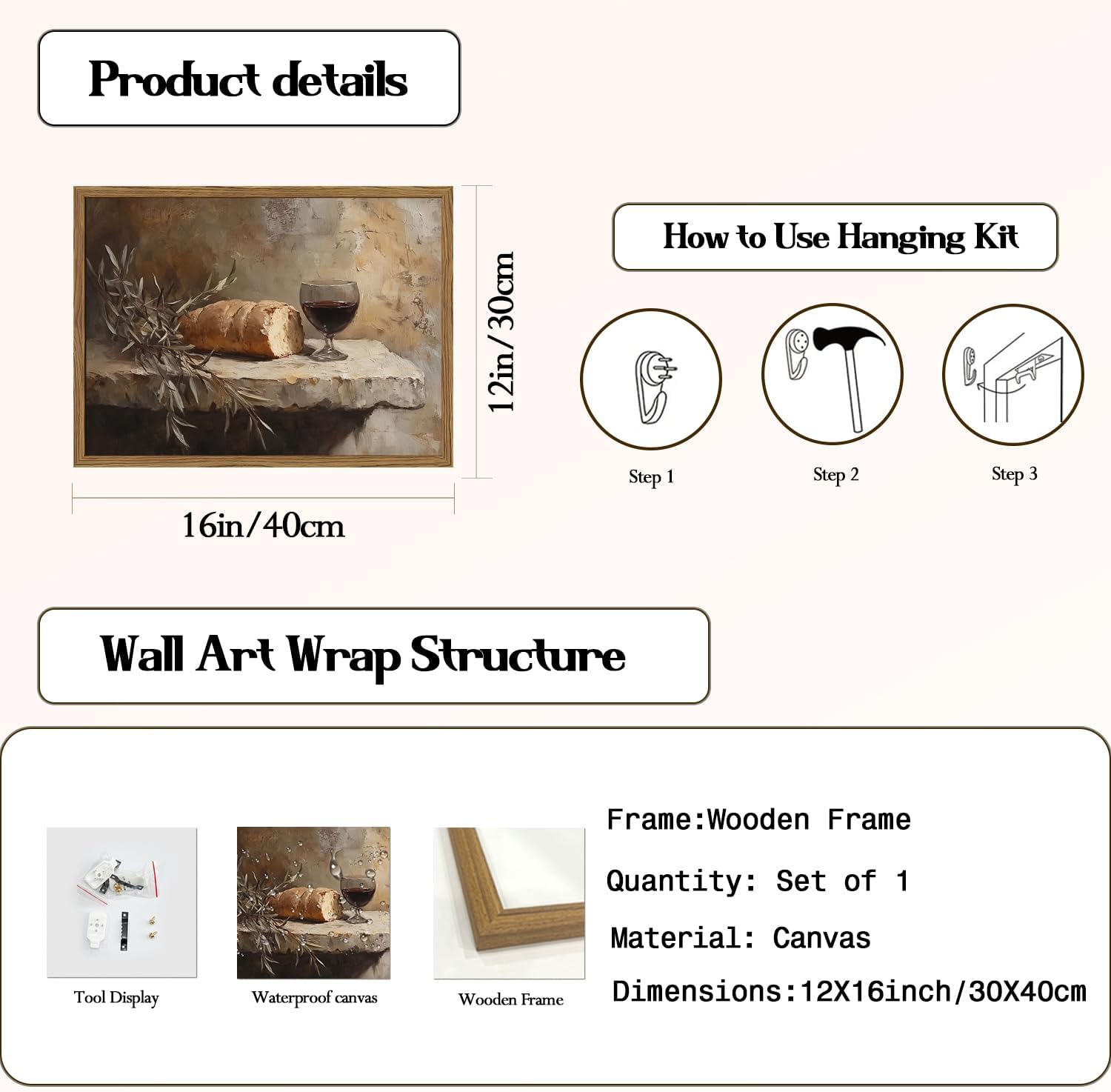 Christian Kitchen Communion Still Life Wall Art Bread and Wine Religion Wall Decor Painting Last Supper Dining Room Poster Canvas Print Cuadro Para Comedor for Farmhouse 12x16 inch Wood Framed