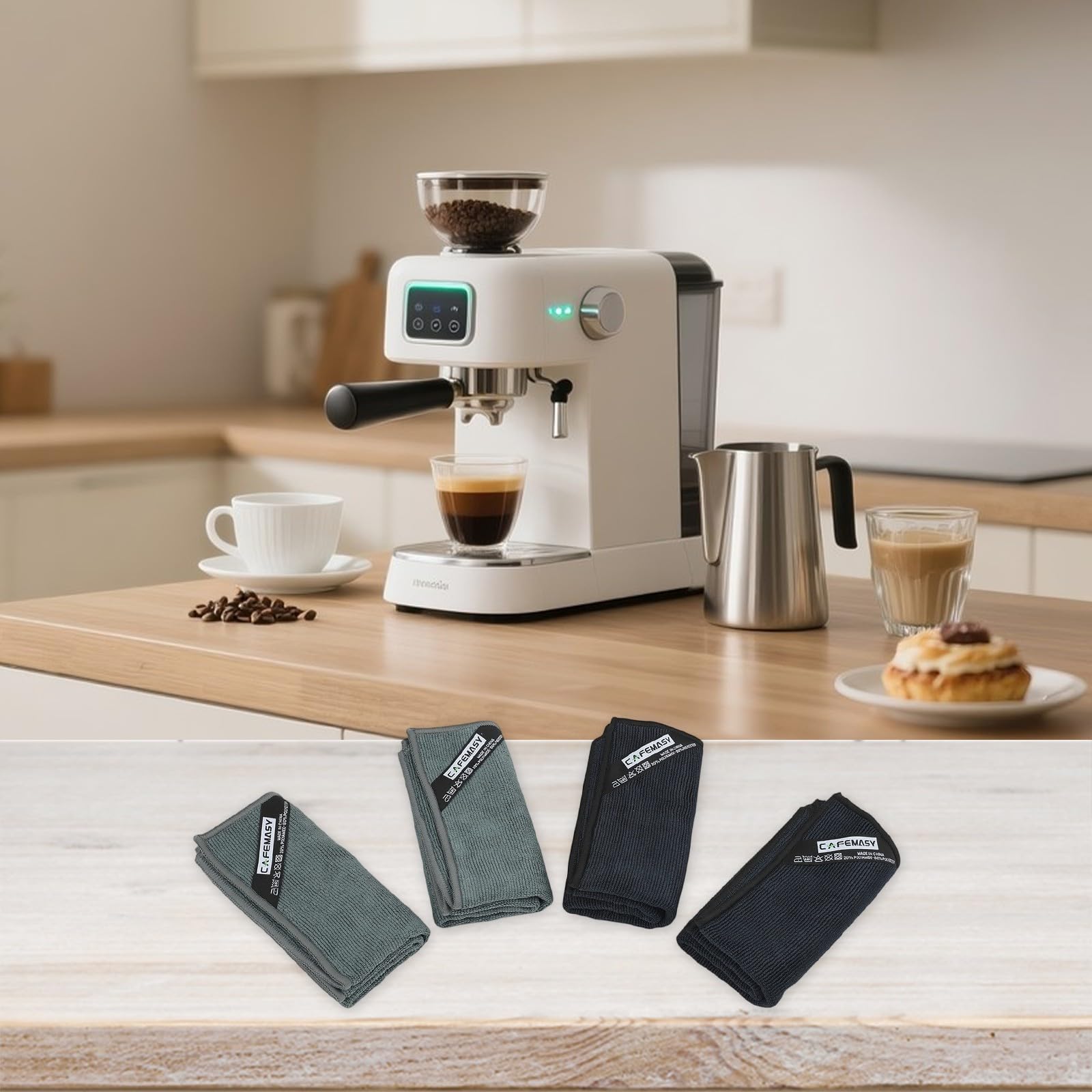 ZYWUOY Panni in microfibra per la pulizia dell'espresso, antigraffio e assorbenti, per macchina del caffè, bar, cucina, confezione da 4, grigio, blu, marrone